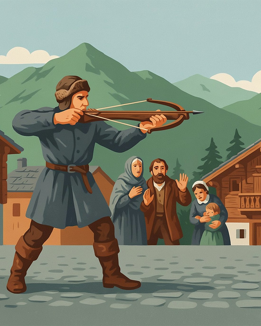 WPA-style illustration of a crossbowman in medieval Alpine dress taking aim in a village square while villagers watch, wooden chalets and green mountains behind