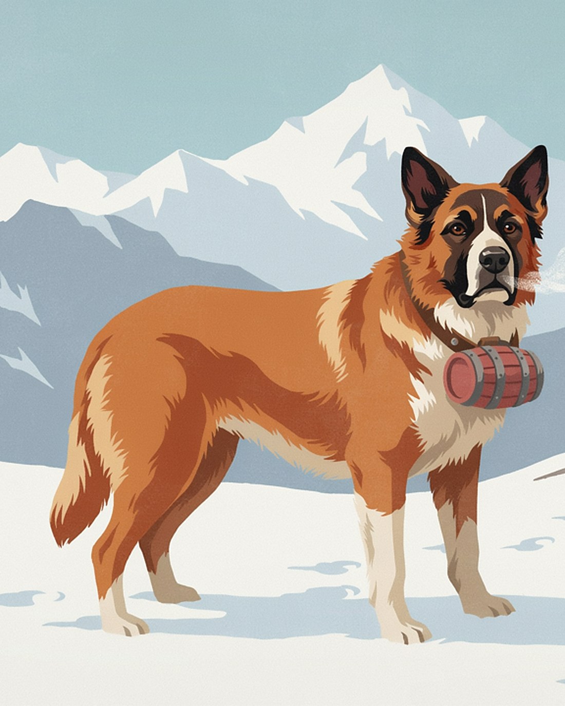 WPA-style illustration of a large St Bernard rescue dog with a small wooden cask at its collar standing alert in deep snow on a high Alpine pass, snow-capped peaks behind