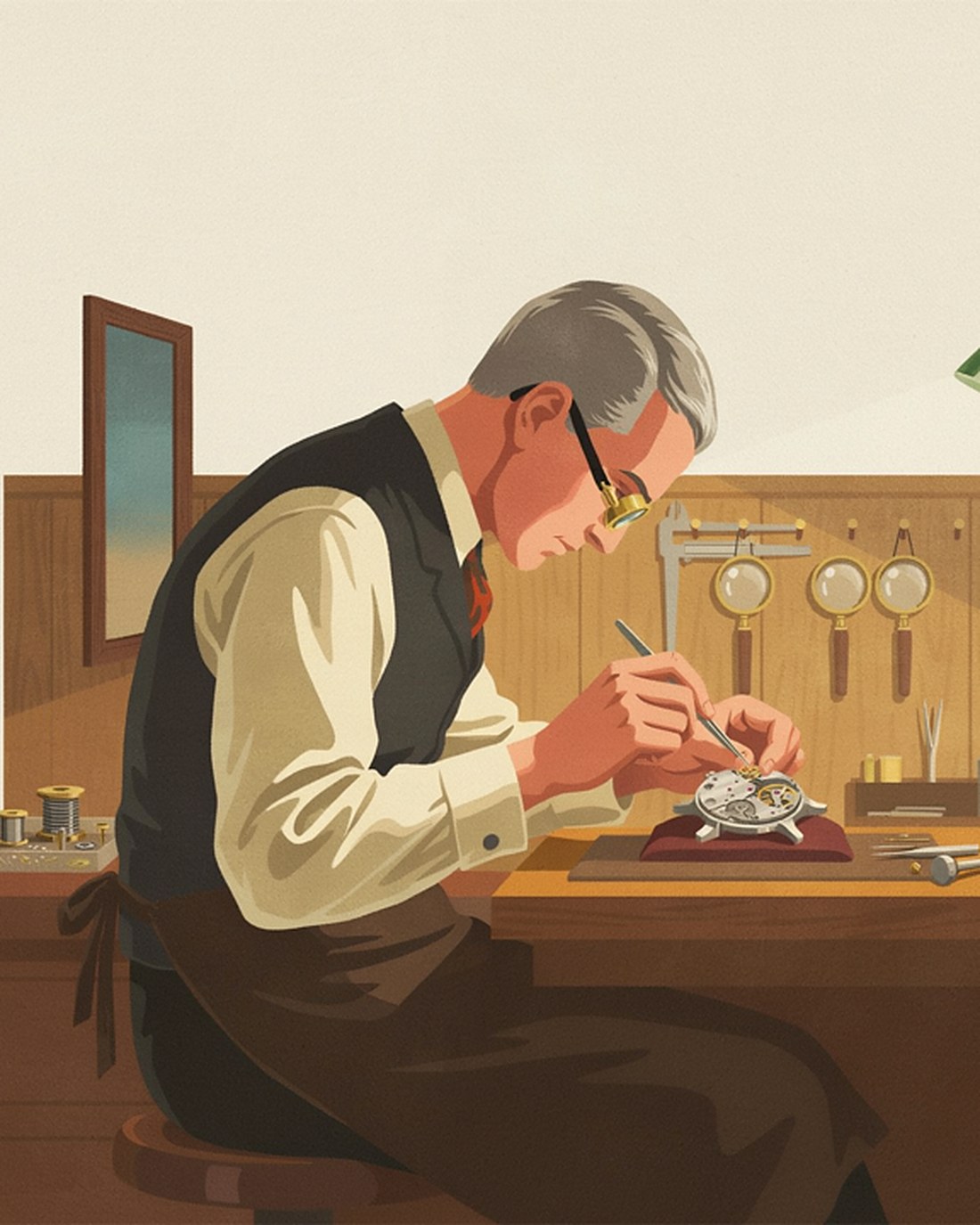 WPA-style illustration of a watchmaker leaning over a wooden bench under a green lamp, a loupe to his eye and tweezers setting a tiny part into an open watch movement