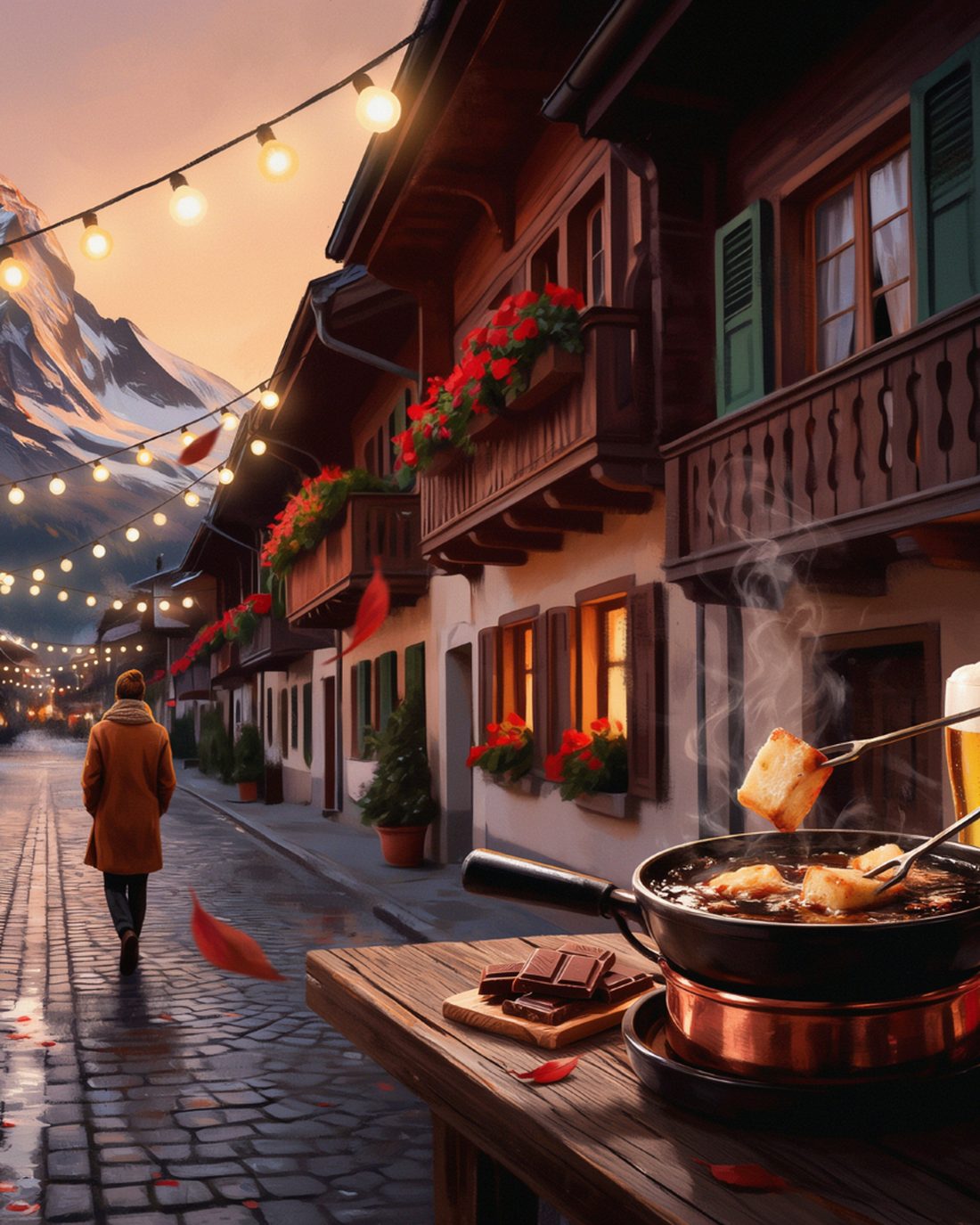 A cobbled Swiss alpine village street at dusk with wooden chalets, red geraniums in window boxes, string lights crossing the lane, drifting autumn leaves, the snow-dusted silhouette of the Matterhorn at the end of the street against a golden sky, a figure walking away, and a bubbling pot of cheese fondue beside a few squares of Swiss chocolate and a tall glass of golden beer on a wooden table in the foreground