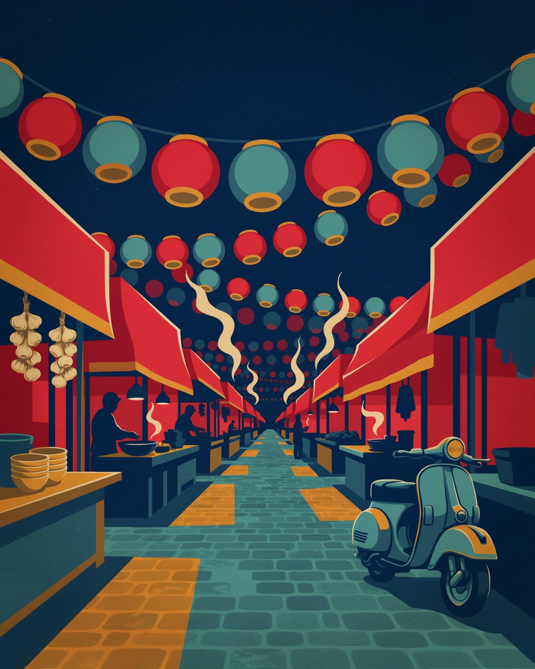 WPA-style illustration of a Taiwanese night-market lane after dark, rows of hanging paper lanterns overhead, steam rising from food stalls with a cook at work, hanging garlic and stacked bowls, and a parked scooter to one side