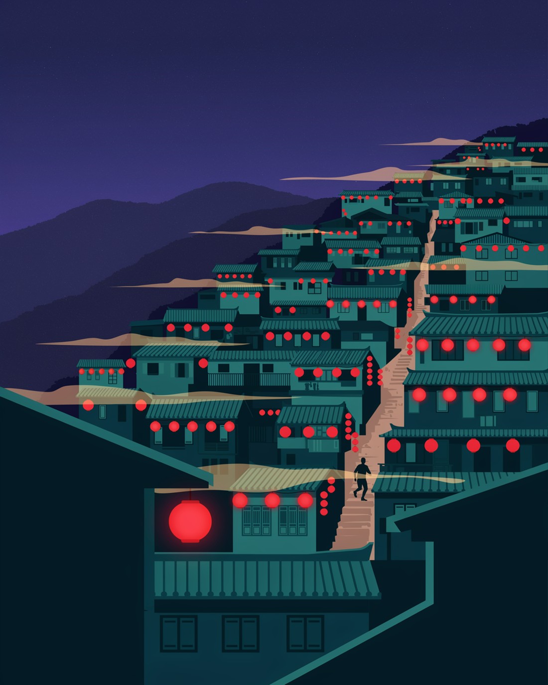 WPA-style illustration of the Jiufen hillside old town, tea houses stacked up a steep slope, glowing red lanterns, a stone staircase, and mist drifting between the buildings at dusk