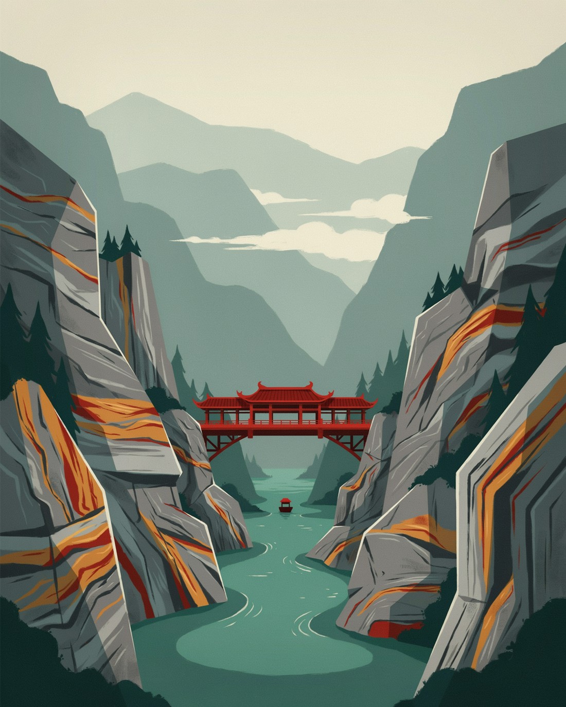 WPA-style illustration of Taroko Gorge, a marble canyon with a red pavilion bridge crossing a jade-green river, a small boat below and misty peaks rising behind