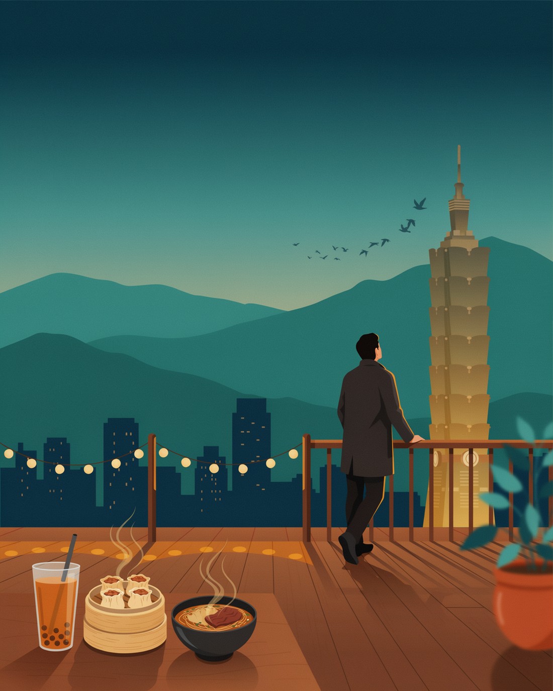 A calm Taipei dusk with the tapering tower of Taipei 101 glowing gold beside green mountain ridges, a lit city skyline and a string of warm lanterns along a wooden terrace, a lone figure in a coat leaning on the railing to look out, a flight of birds in the fading sky, and in the foreground a glass of bubble tea, a bamboo steamer of soup dumplings and a bowl of beef noodle soup on a wooden table