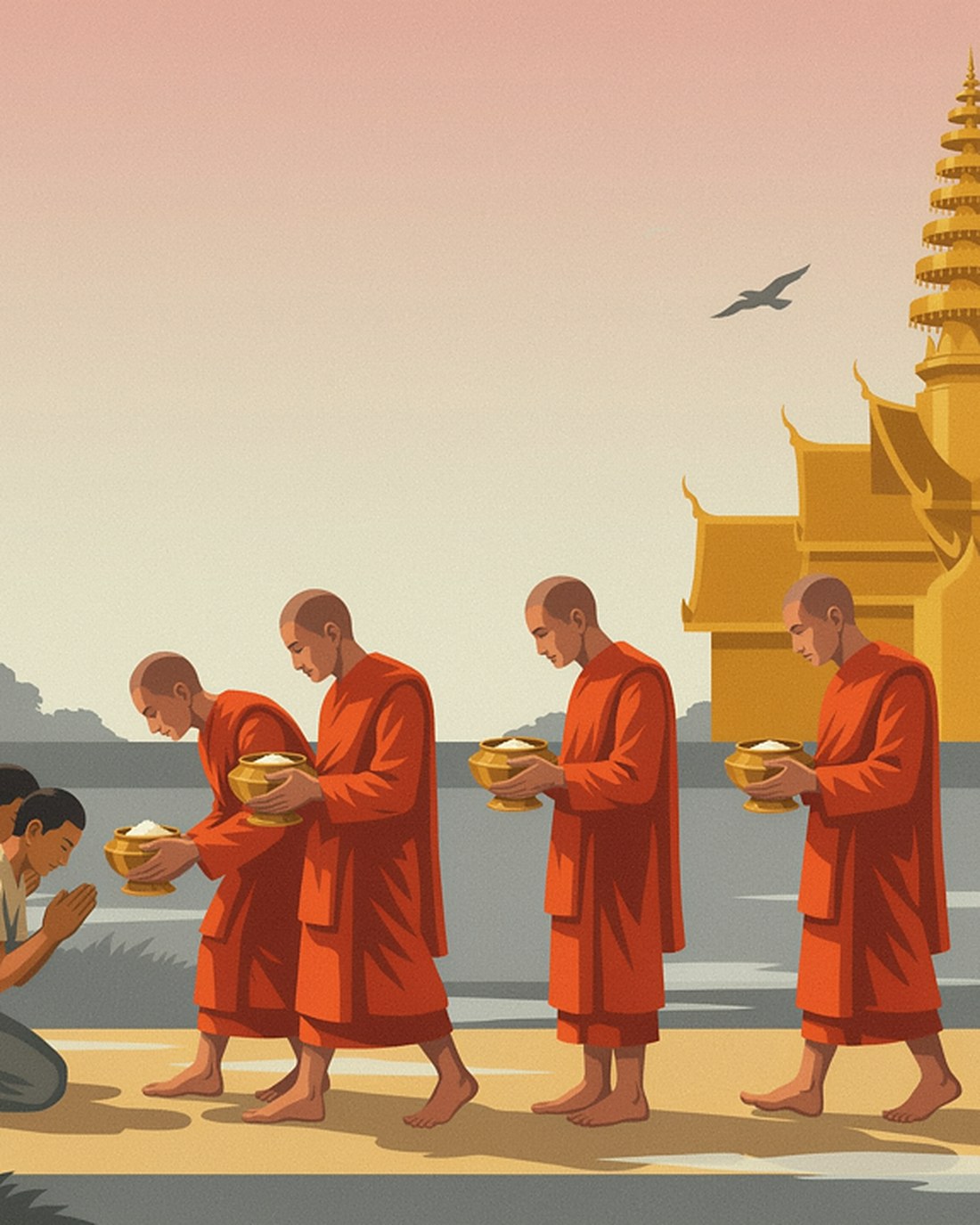 WPA-style illustration of a layperson kneeling with palms pressed together to offer rice to a line of saffron-robed monks with golden alms bowls at dawn, a golden temple spire behind, soft mist