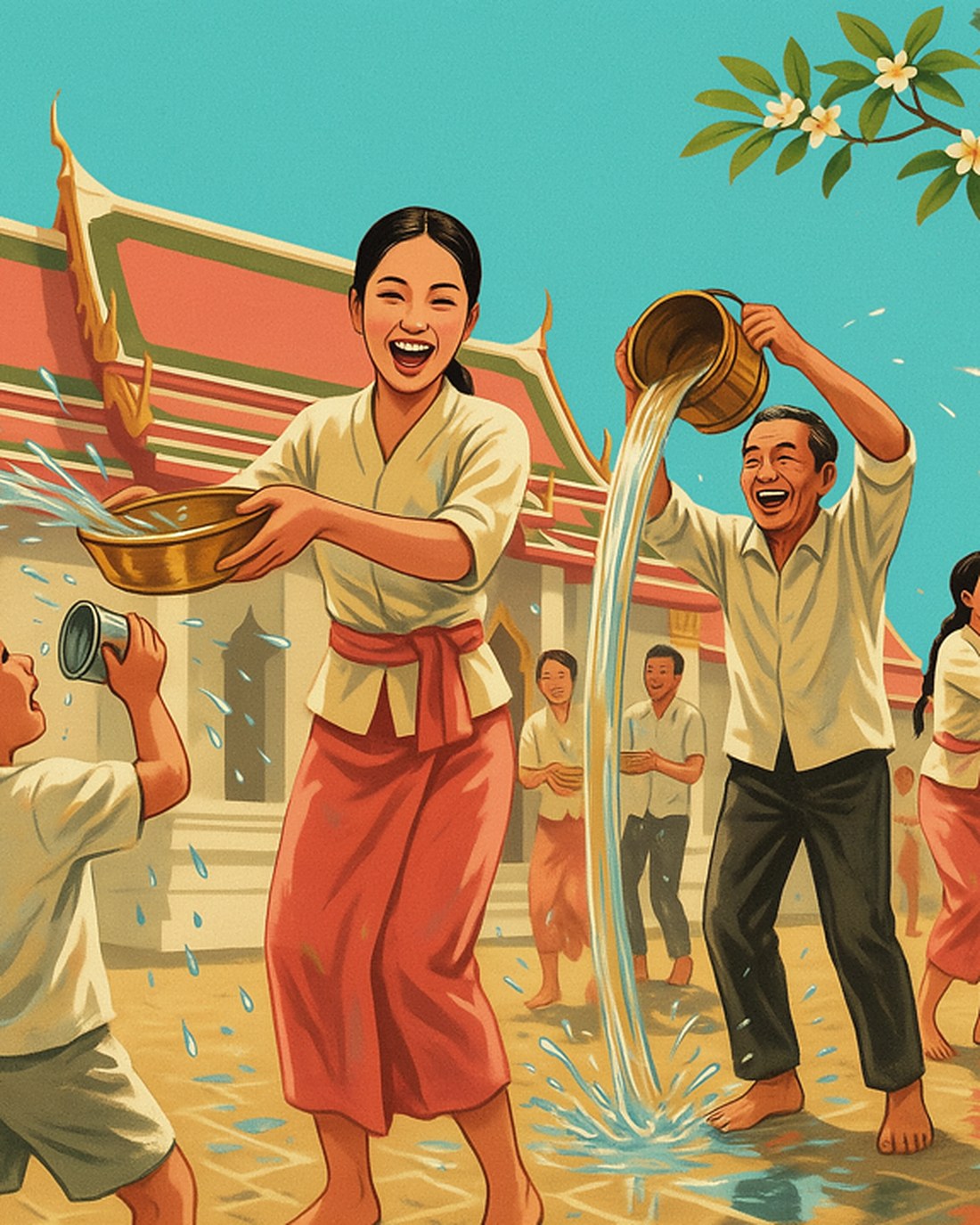 WPA-style illustration of a joyful Songkran water festival, a laughing woman splashing water from a bowl and a man pouring a bucket, water arcing in the air, a decorated temple and frangipani behind