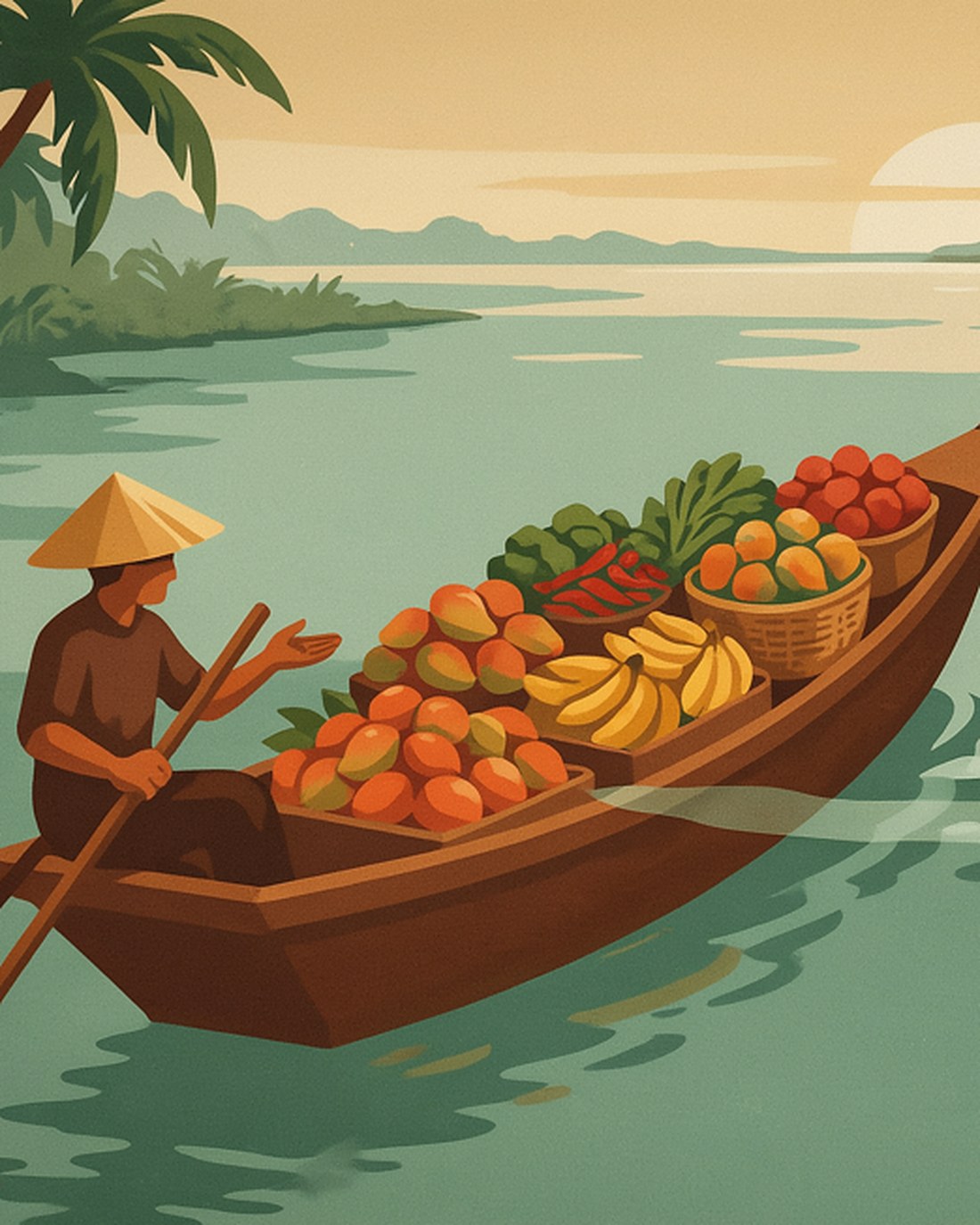 WPA-style illustration of a wooden boat piled with tropical fruit paddled by a vendor in a conical hat at a floating market on a canal, stilt houses along the water in warm light
