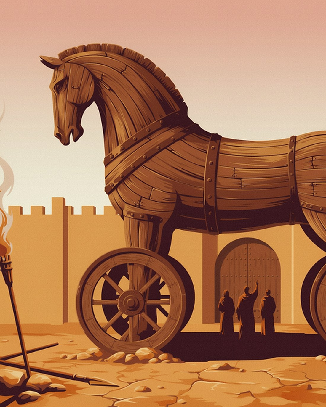 WPA-style illustration of an enormous wooden horse on great wheels standing before the massive stone gates and walls of an ancient city at dawn, small robed figures gazing up at it
