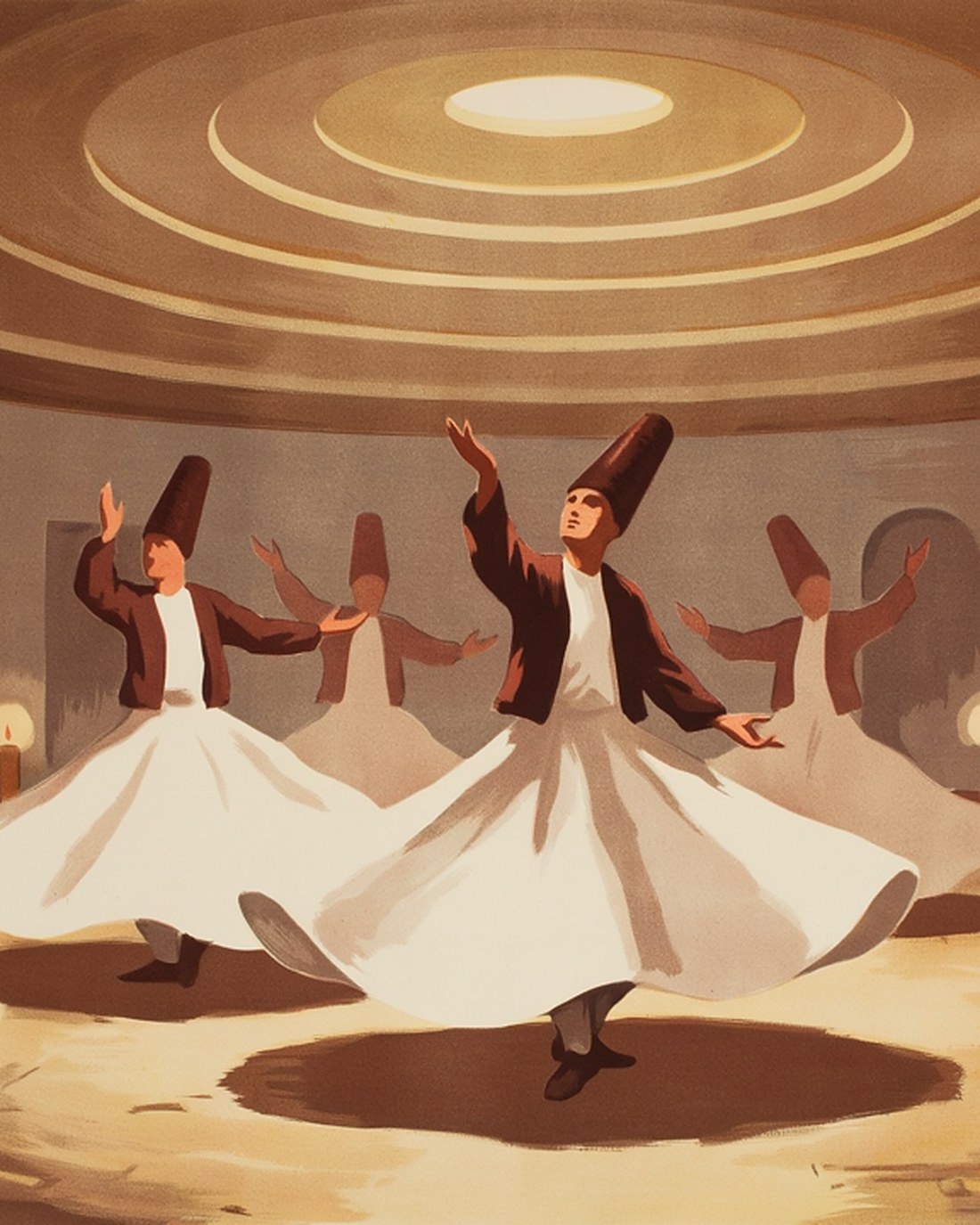 WPA-style illustration of robed dervishes in tall camel-hair hats and wide white flaring skirts spinning slowly in a warm candlelit domed hall, one hand raised and one lowered