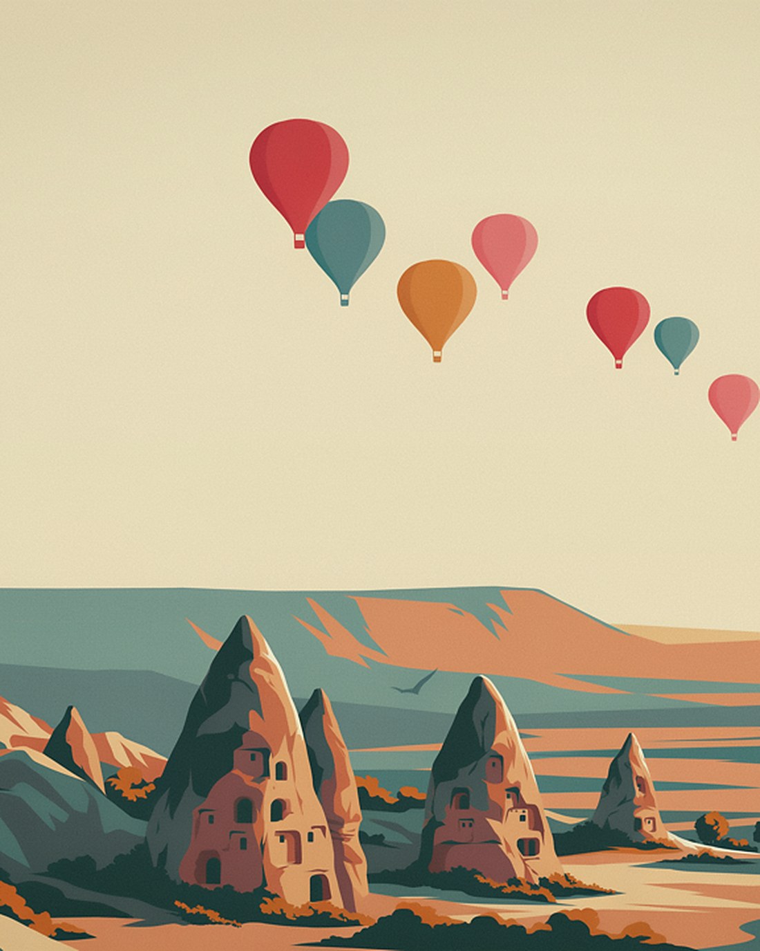 WPA-style illustration of colorful hot-air balloons drifting at dawn over the surreal fairy-chimney rock spires and cave dwellings of Cappadocia in soft golden light