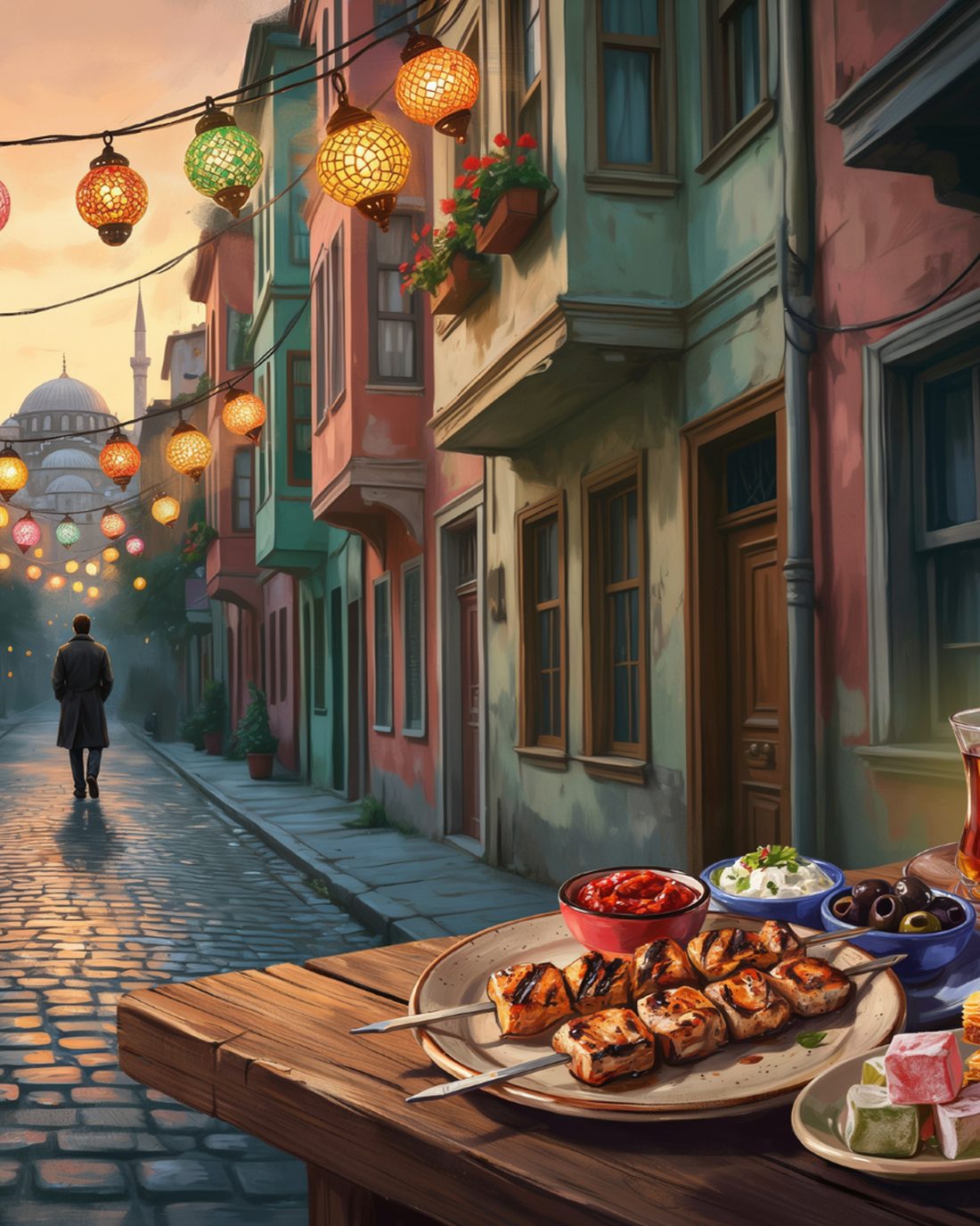 A colorful cobbled Balat street in Istanbul at dusk with pastel painted houses, red geraniums in window boxes, strings of glowing mosaic lanterns overhead, a street cat on the wet stones, the silhouette of a great mosque's domes and slender minarets at the end of the lane against a soft sky, a figure walking away, and a plate of grilled kebab skewers with meze, baklava and Turkish delight beside a tulip-shaped glass of amber Turkish tea on a wooden table in the foreground