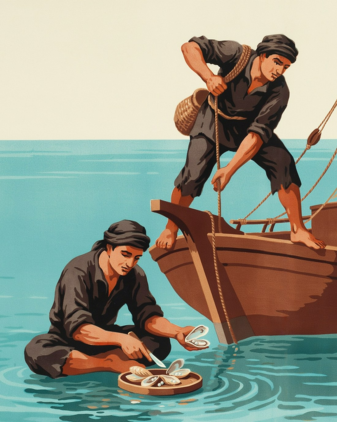 WPA-style illustration of pearl divers at work from a traditional wooden dhow on the calm Gulf at dawn, one poised to dive with a rope and basket and another opening oysters on the deck