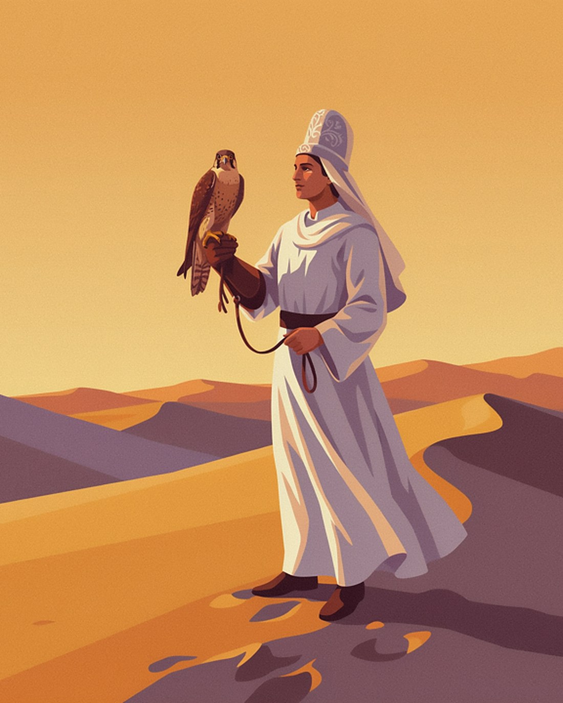 WPA-style illustration of a falconer in a flowing robe and headdress standing among golden dunes at sunset with a falcon perched on his gloved arm, long shadows across the sand