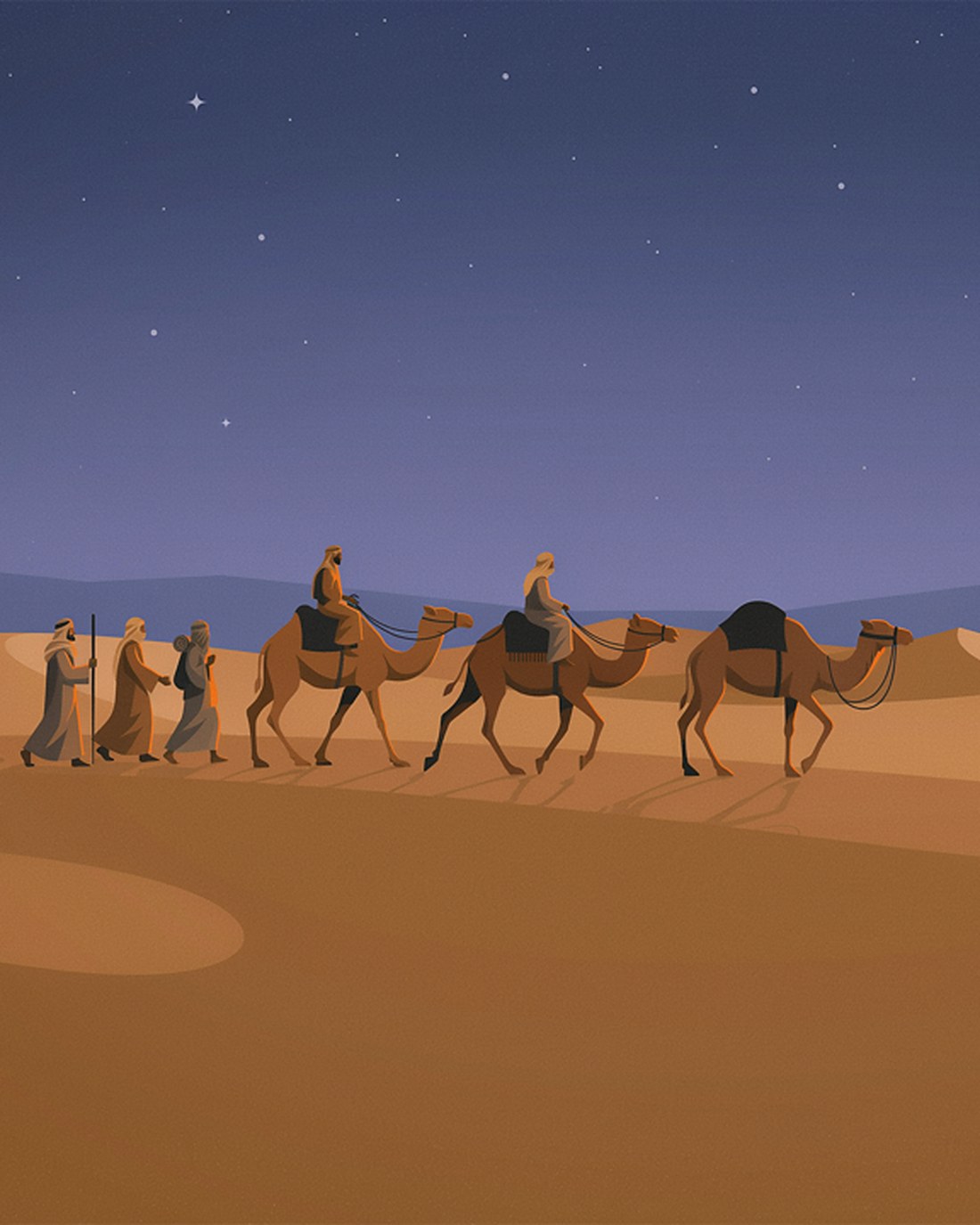 WPA-style illustration of a caravan of camels and robed Bedouin travelers crossing rolling desert dunes at dusk, a black goat-hair tent and a small fire in the distance under a crescent moon