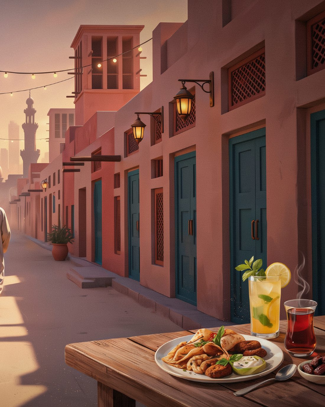 A quiet old-town lane in the UAE at golden hour with traditional wind towers on the rooftops, a mosque dome and minaret in the haze, sand-toned buildings with carved teal doors and iron lantern sconces, string lights overhead, a figure in a white kandura walking away up the lane, and a plate of falafel, flatbread and dips beside a mint lemonade, a glass of red karak-style tea and a bowl of dates on a wooden table in the foreground