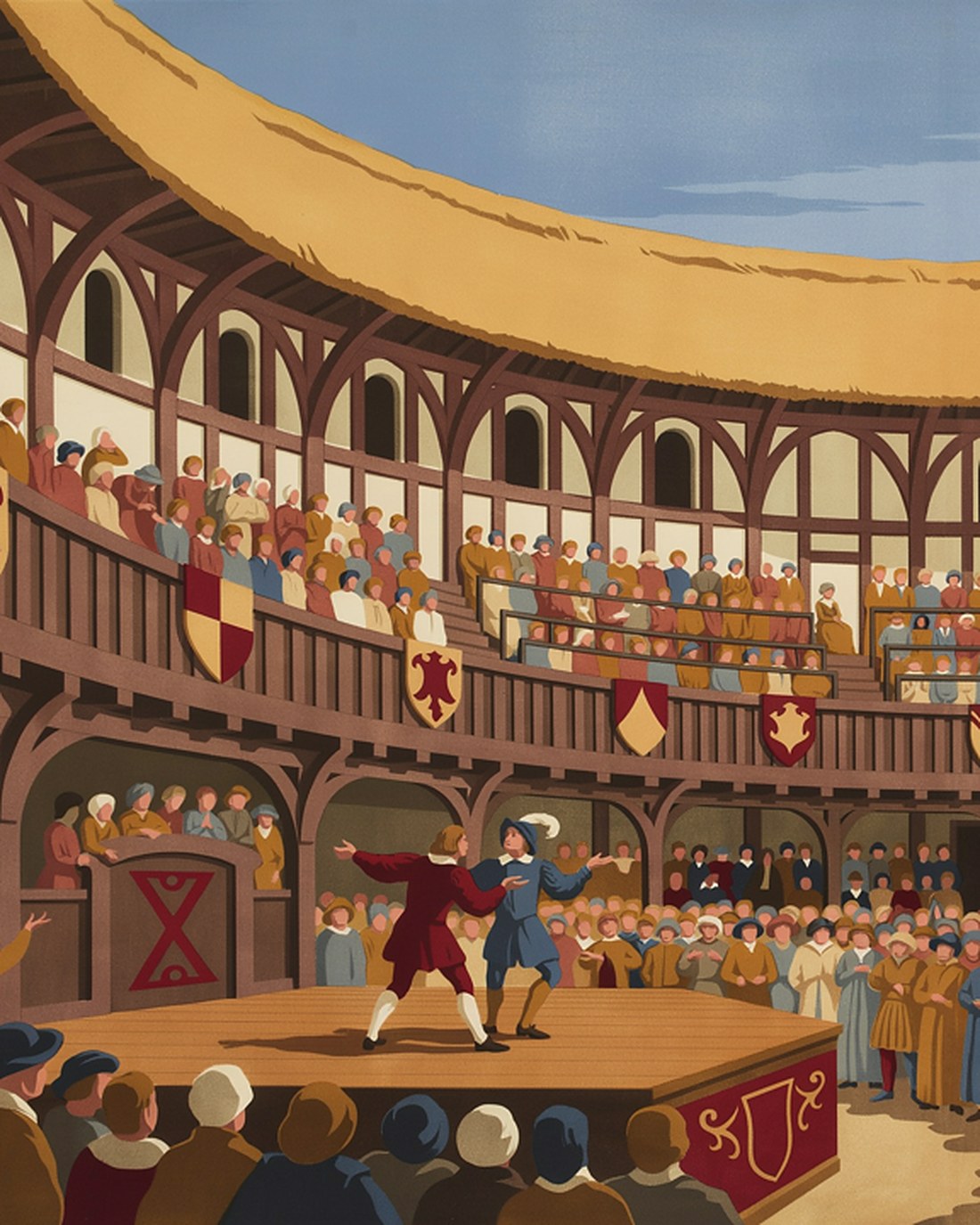 WPA-style illustration of two actors performing on the wooden stage of a round open-air Elizabethan playhouse, timber galleries packed with onlookers and a standing crowd around the stage