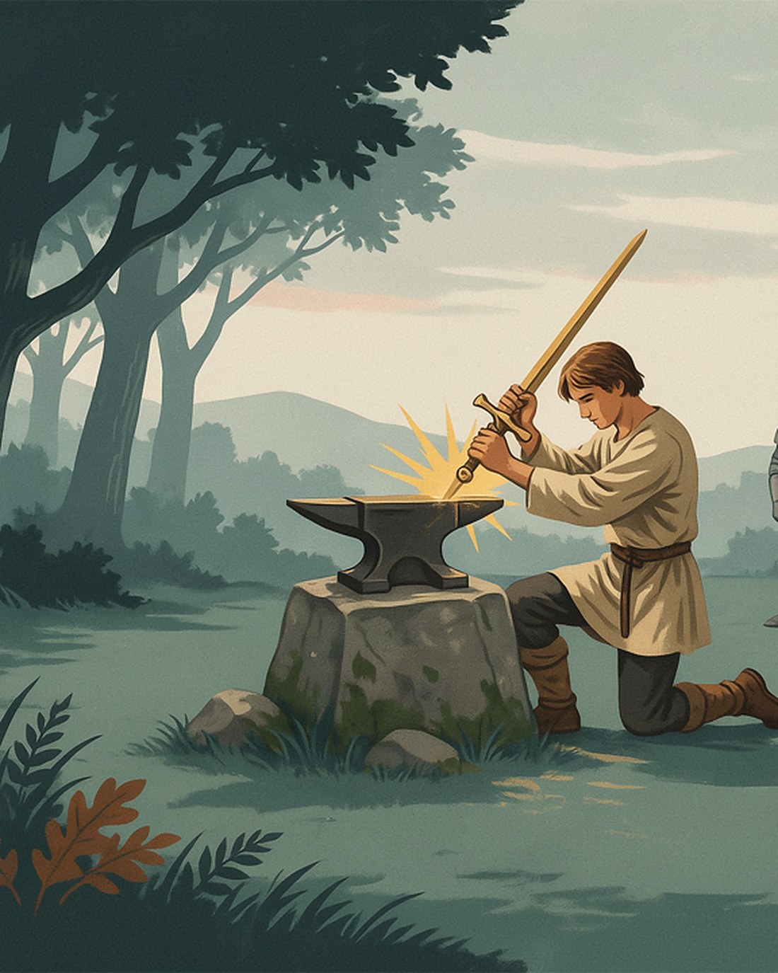 WPA-style illustration of a young man in a plain tunic drawing a glowing sword from an anvil set in a great grey stone in a misty forest clearing, a distant castle on a hill