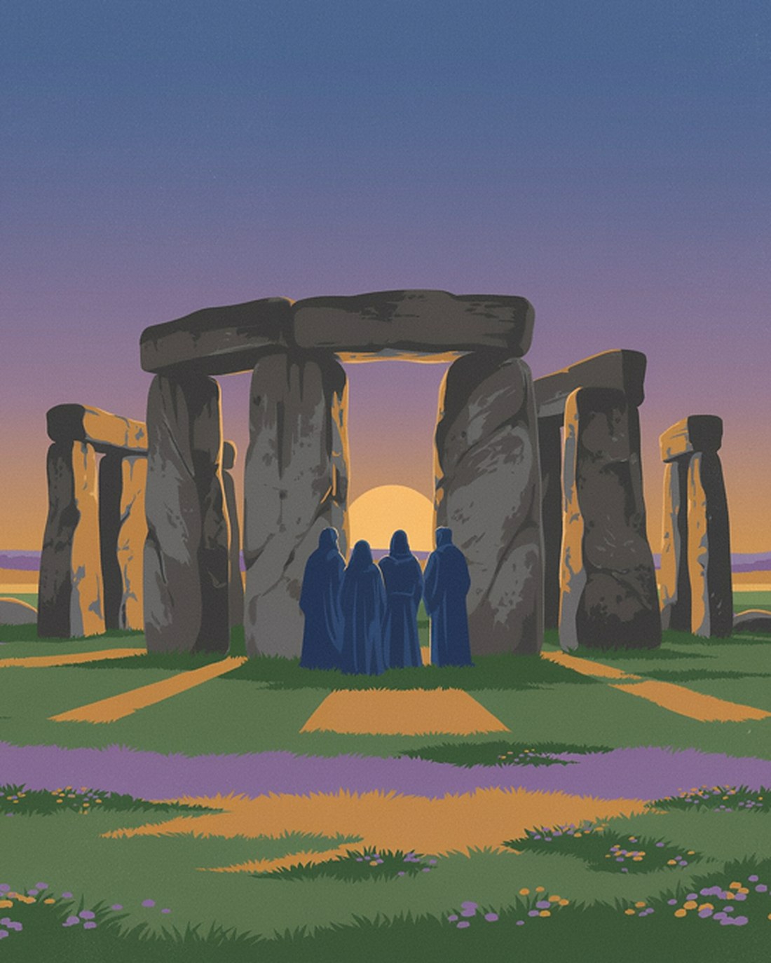 WPA-style illustration of the great standing stones of Stonehenge at dawn, robed figures gathered at the centre as the rising sun aligns through the arches over a heather meadow