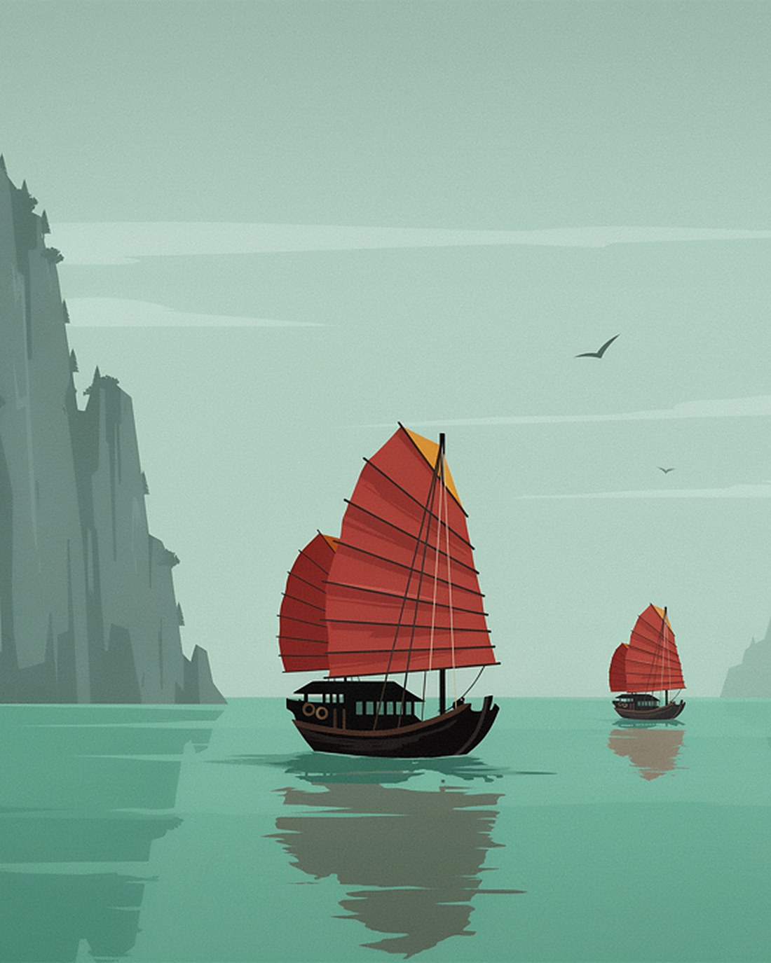 WPA-style illustration of a traditional wooden junk with tall red sails gliding among towering limestone karst islands in a calm emerald bay, morning mist wreathing the peaks