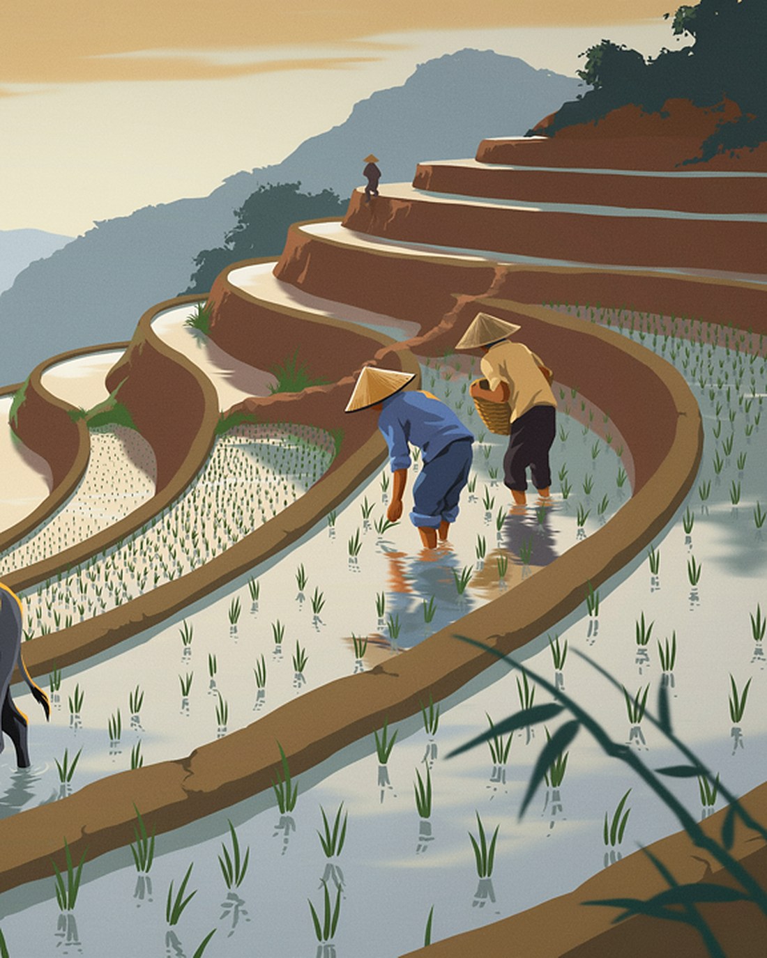 WPA-style illustration of farmers in conical hats tending flooded green rice terraces curving down a misty hillside, a stilt house and mountains beyond in soft morning light
