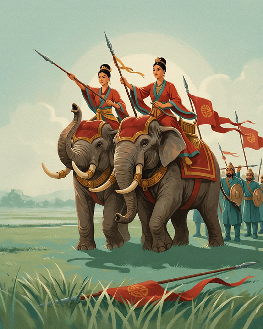 WPA-style illustration of the two Trung Sisters in ancient robes riding war elephants with spears raised, red banners flying and an army following across a misty green plain